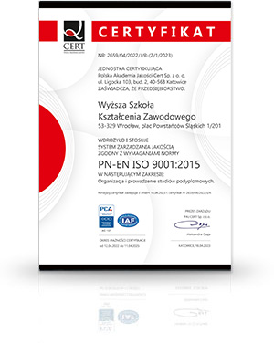 Certyfikat jakości ISO9001:2015 przyznany Wyższej Szkole Kształcenia Zawodowego